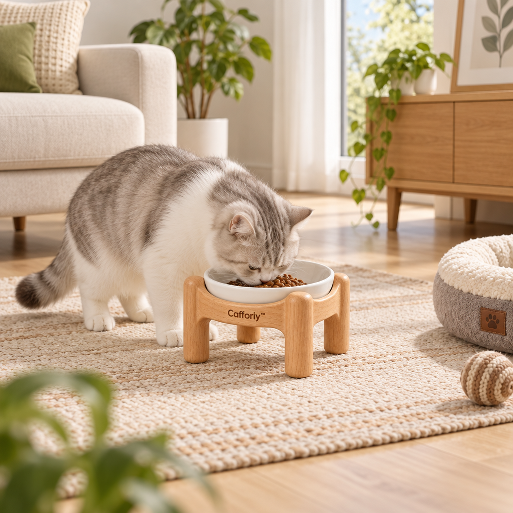 Cafforiy™ Natural Wood Raised Ceramic Pet Bowl — Home feeding scene