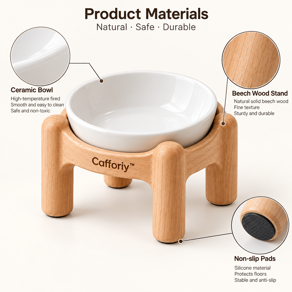 Cafforiy™ Natural Wood Raised Ceramic Pet Bowl — Design details