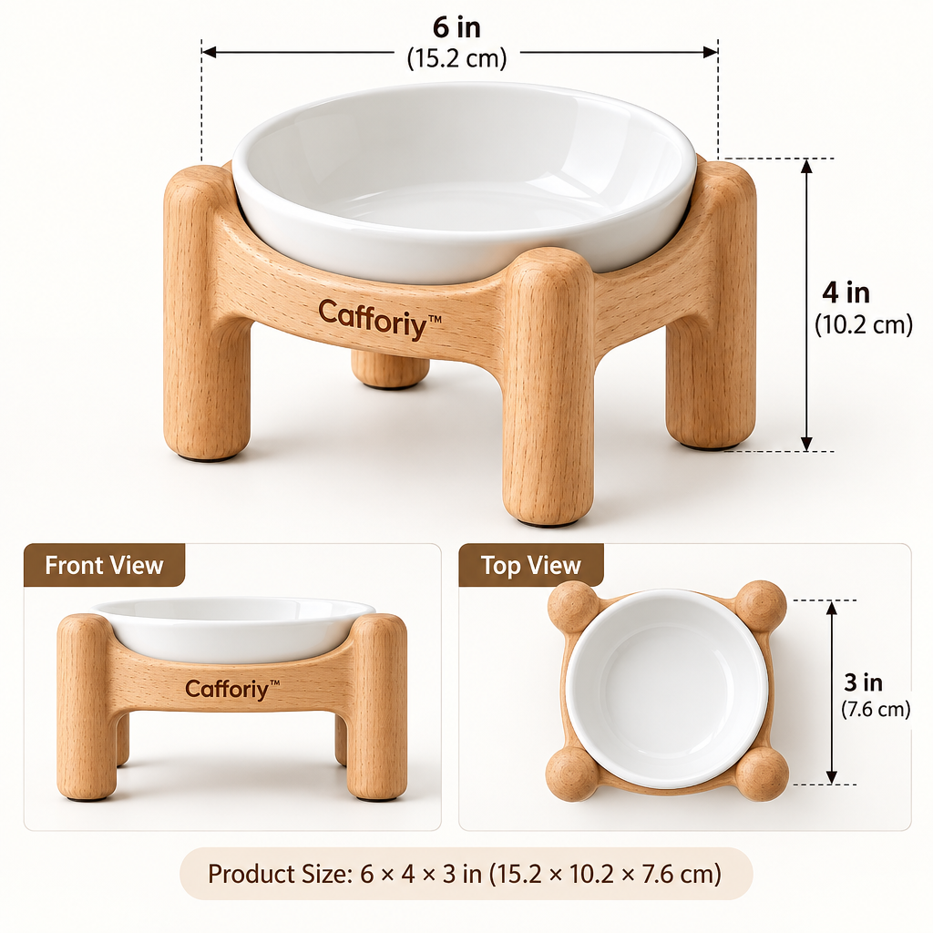 Cafforiy™ Natural Wood Raised Ceramic Pet Bowl — Product dimensions