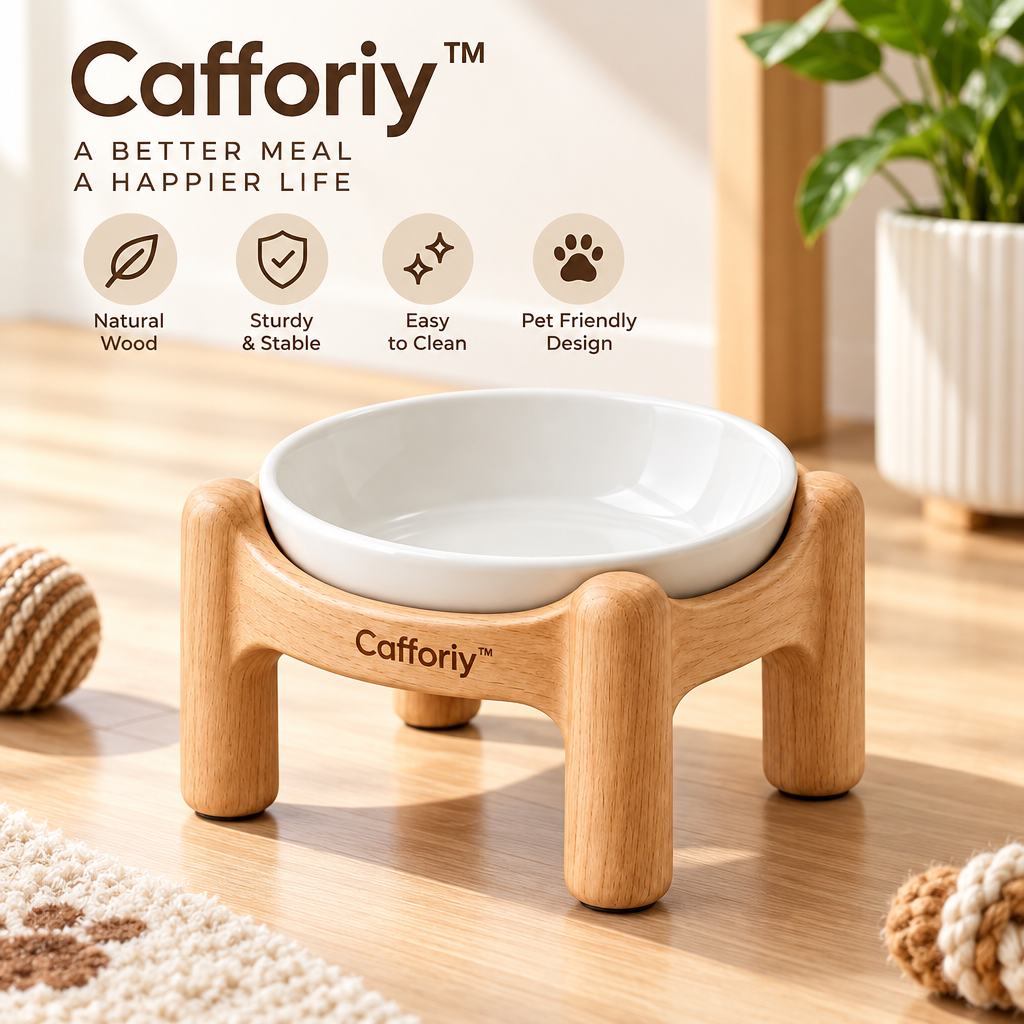 Cafforiy™ Natural Wood Raised Ceramic Pet Bowl — Product view