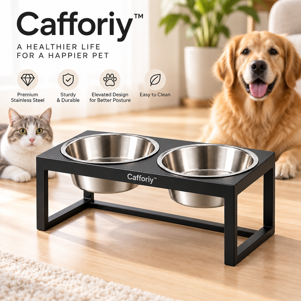 Cafforiy™ Midnight Double Stainless Steel Feeding Station — Product view