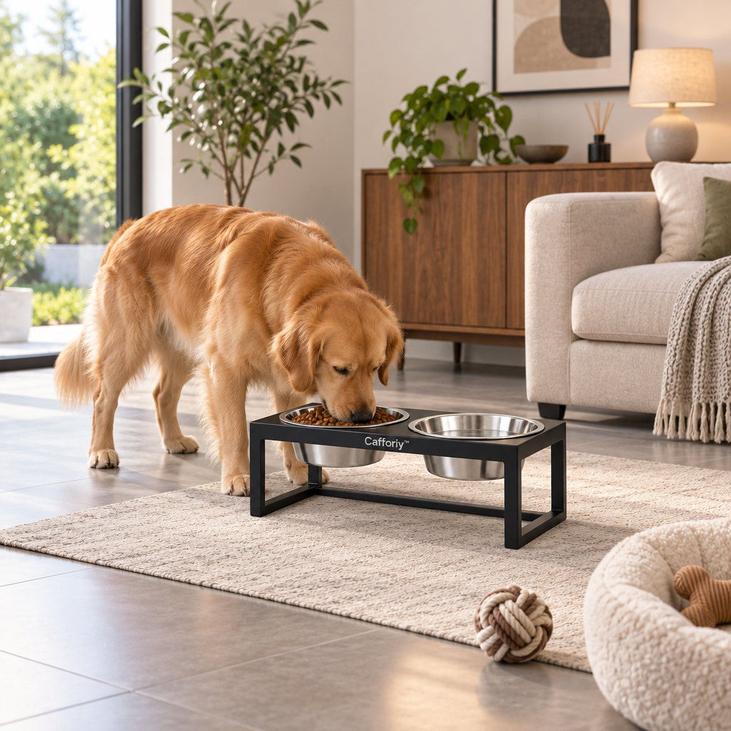 Cafforiy™ Midnight Double Stainless Steel Feeding Station — Home feeding scene