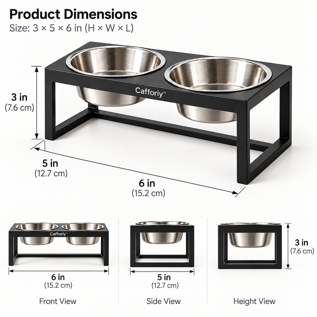 Cafforiy™ Midnight Double Stainless Steel Feeding Station — Product dimensions