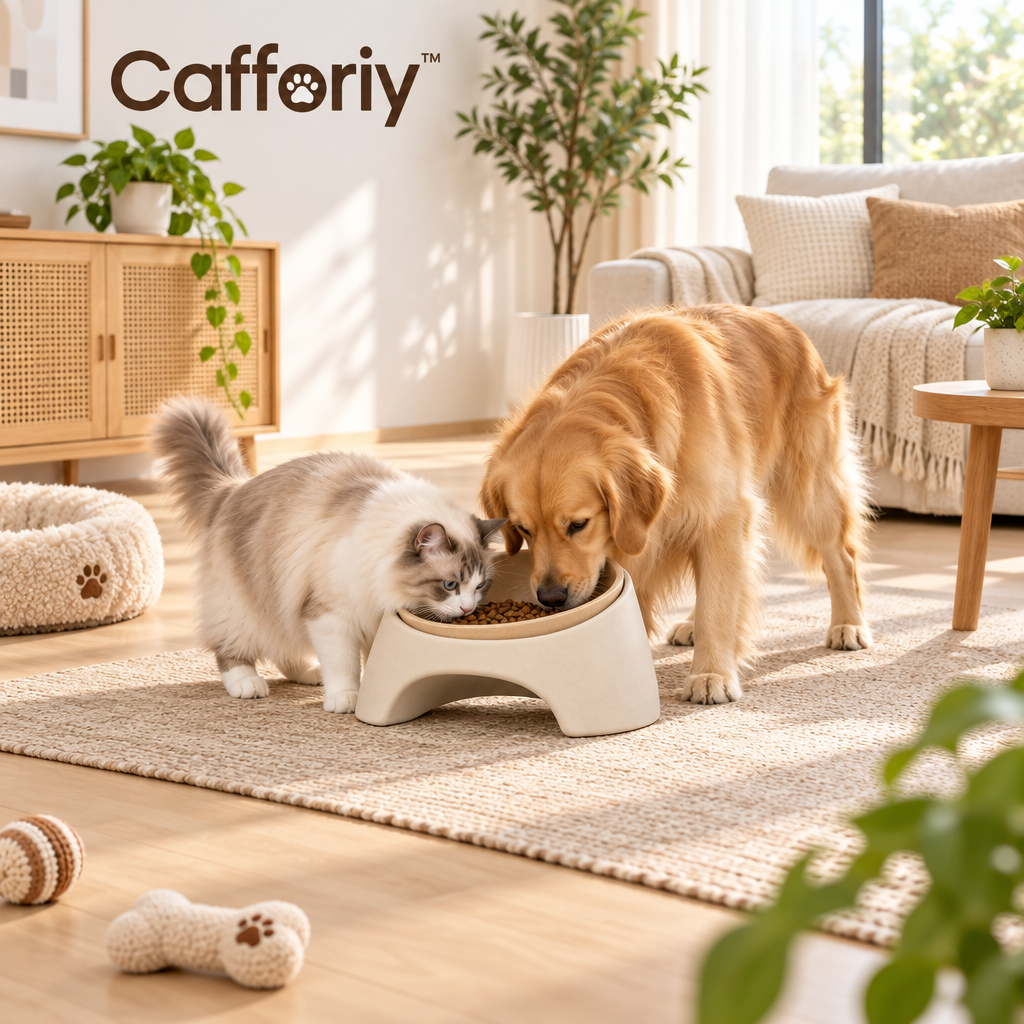 Cafforiy™ Sandstone Tilted Ceramic Pet Bowl — Home feeding scene