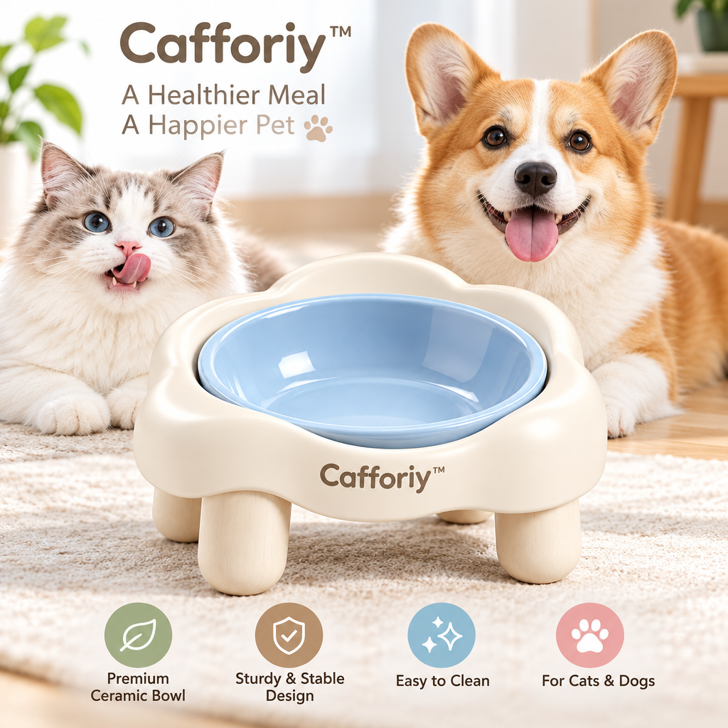 Cafforiy™ Sky Blue Paw Raised Ceramic Pet Bowl — Product view