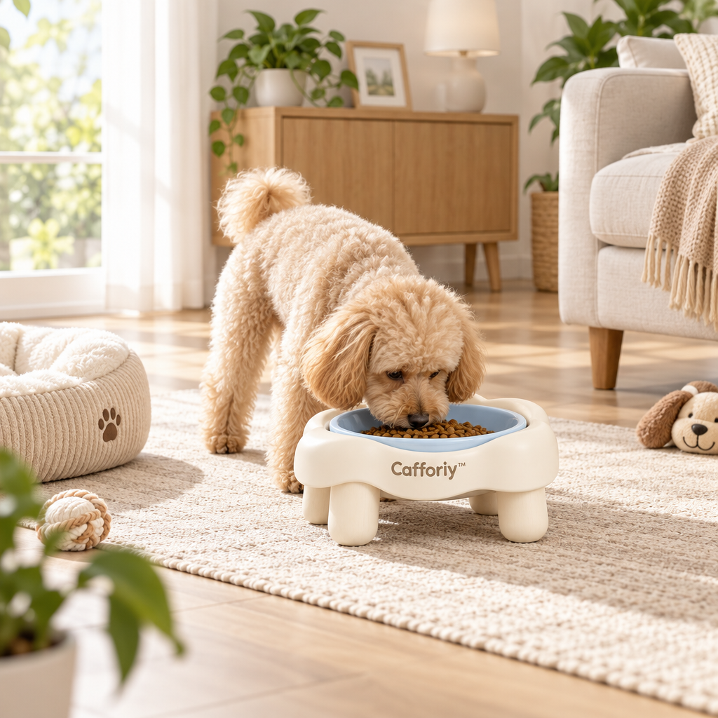 Cafforiy™ Sky Blue Paw Raised Ceramic Pet Bowl — Home feeding scene