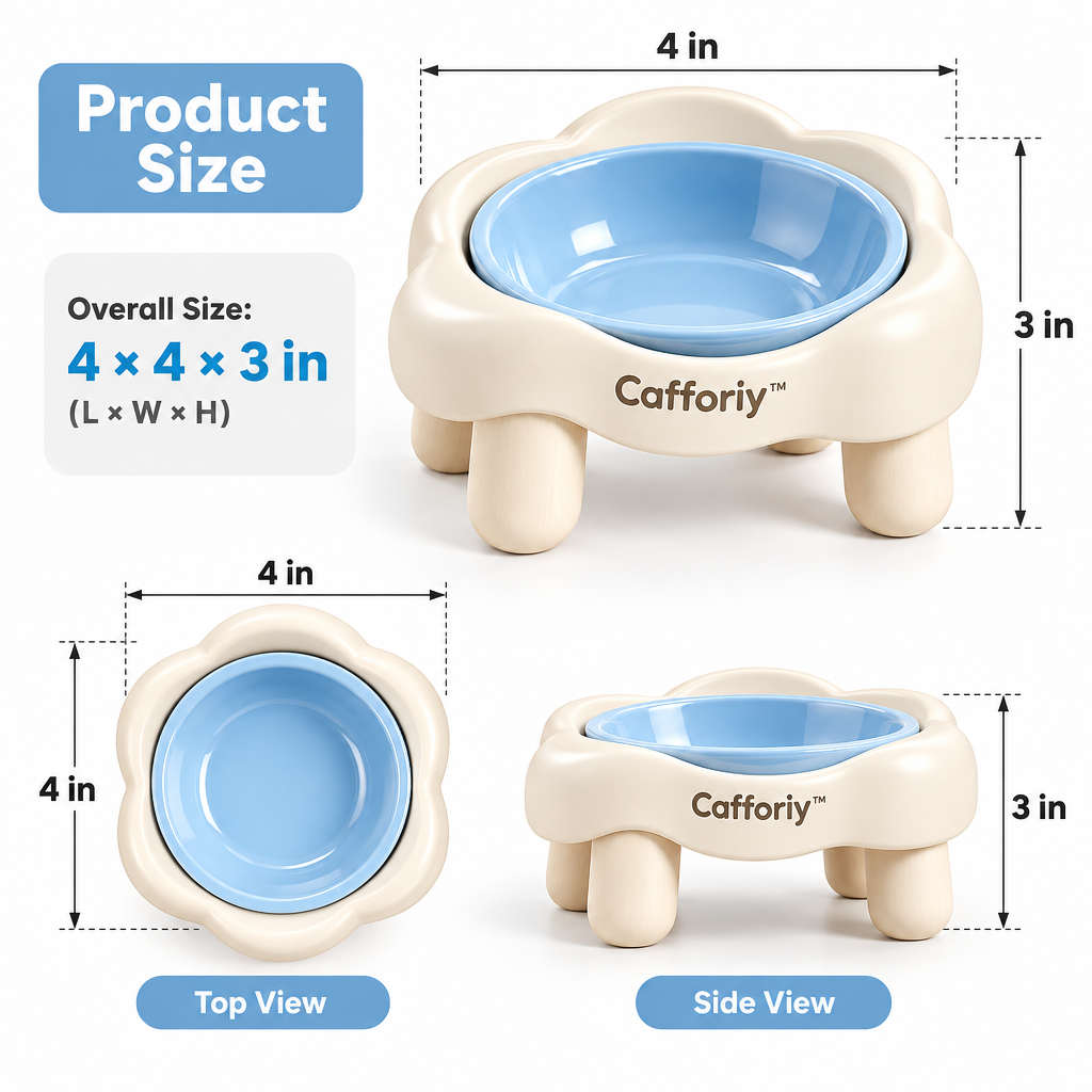 Cafforiy™ Sky Blue Paw Raised Ceramic Pet Bowl — Product dimensions