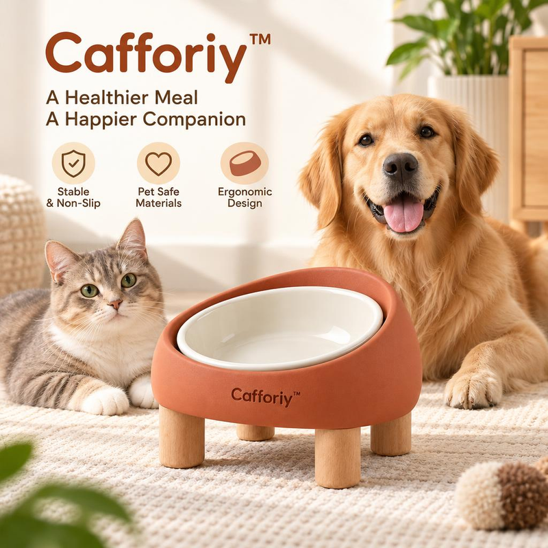 Cafforiy™ Terracotta Tilted Pet Bowl with Wood Legs