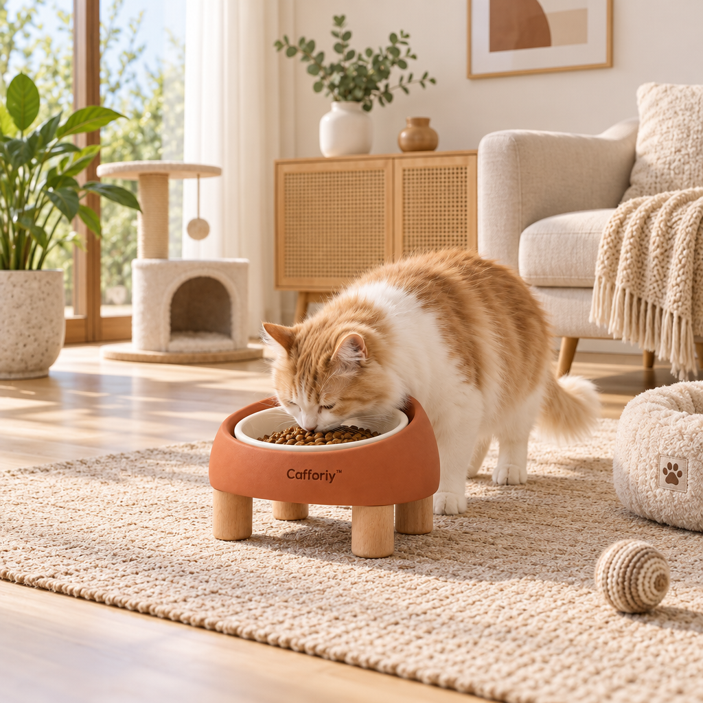 Cafforiy™ Terracotta Tilted Pet Bowl with Wood Legs — Home feeding scene