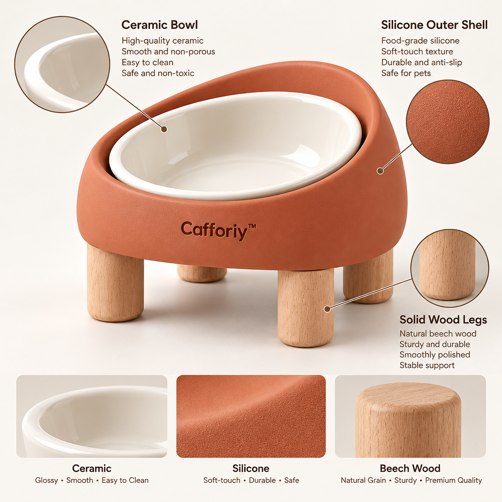 Cafforiy™ Terracotta Tilted Pet Bowl with Wood Legs — Design details