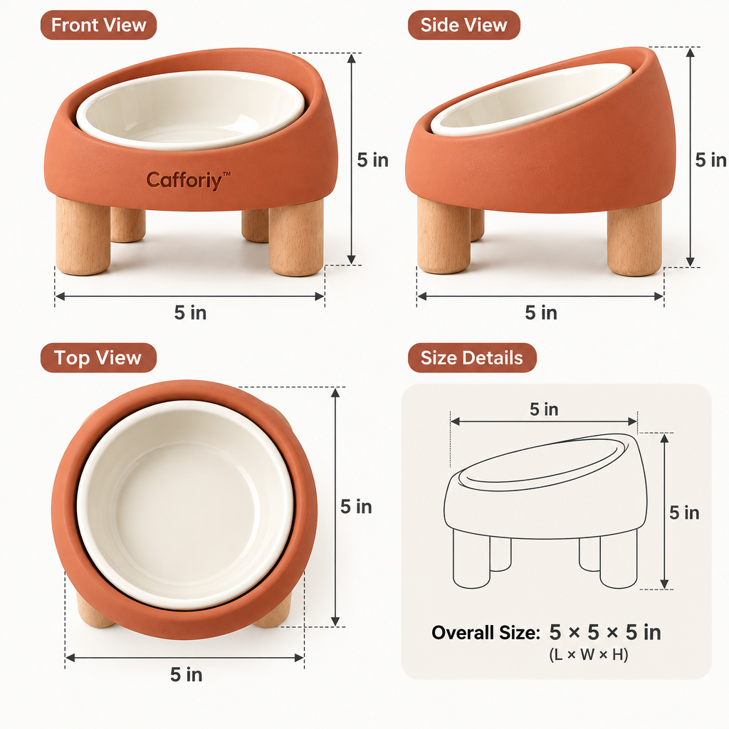 Cafforiy™ Terracotta Tilted Pet Bowl with Wood Legs — Product dimensions
