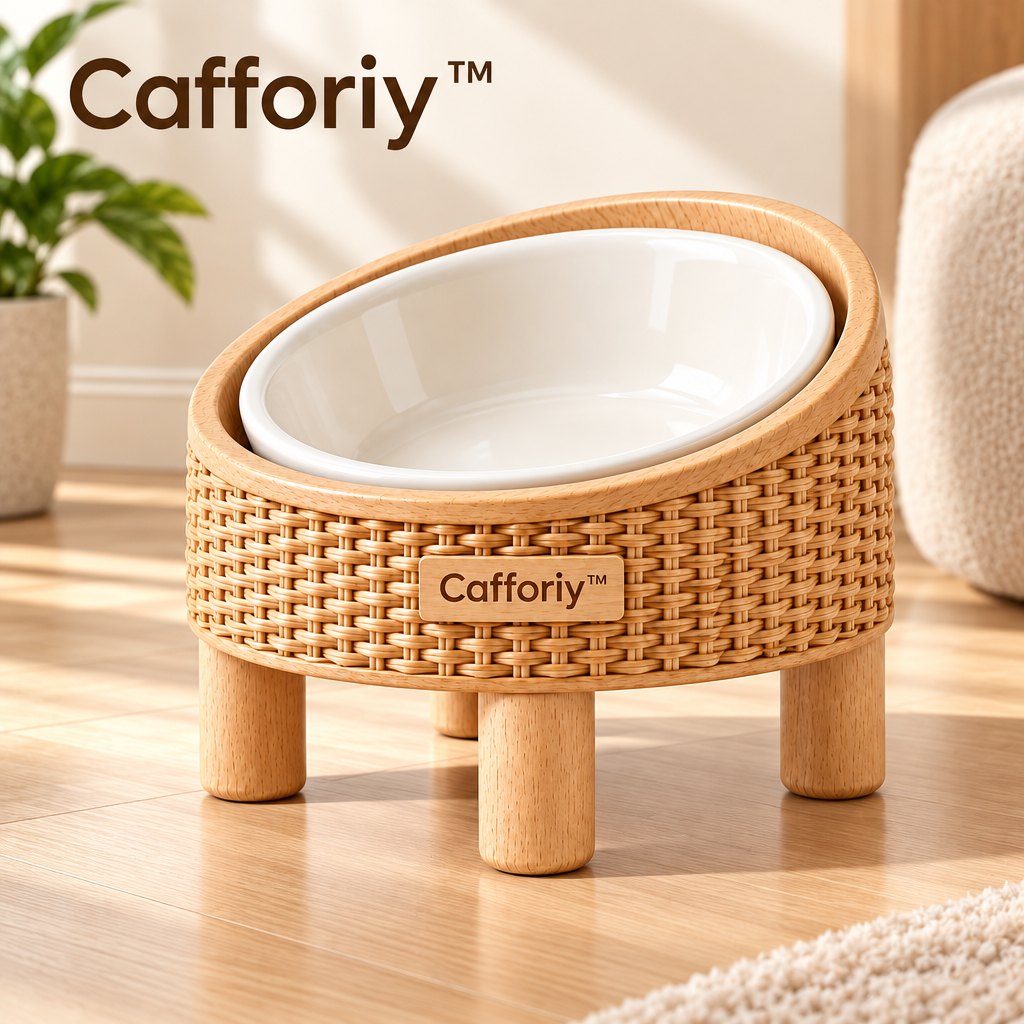 Cafforiy™ Woven Rattan Look Raised Ceramic Pet Bowl — Product view
