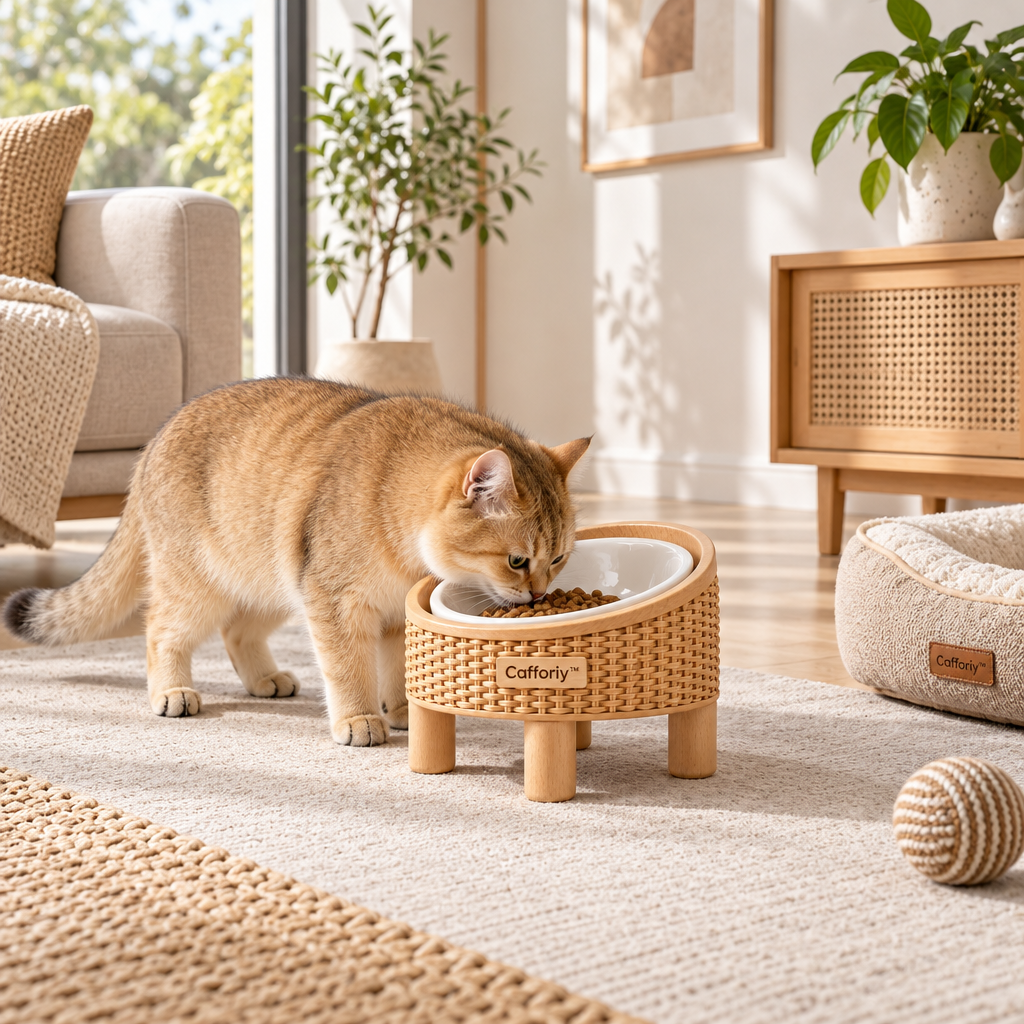 Cafforiy™ Woven Rattan Look Raised Ceramic Pet Bowl — Home feeding scene