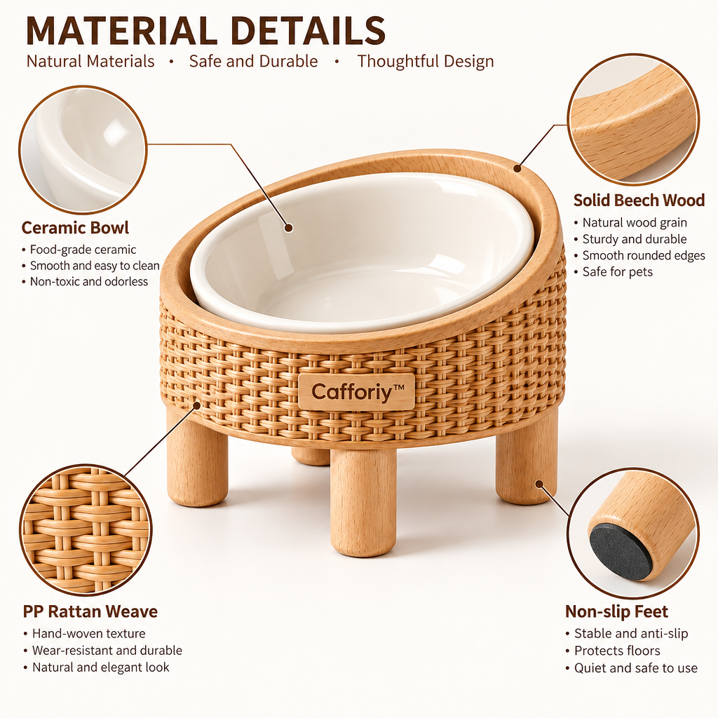 Cafforiy™ Woven Rattan Look Raised Ceramic Pet Bowl — Design details