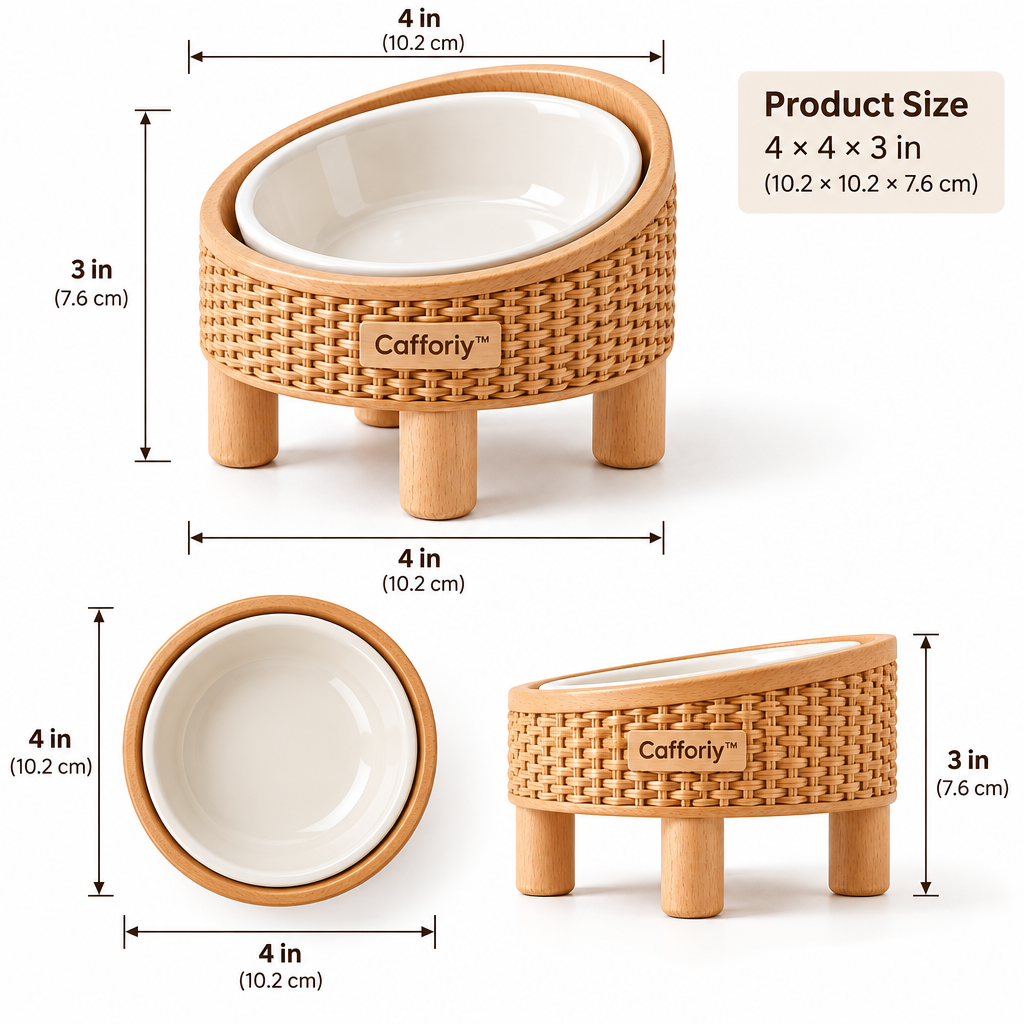 Cafforiy™ Woven Rattan Look Raised Ceramic Pet Bowl — Product dimensions