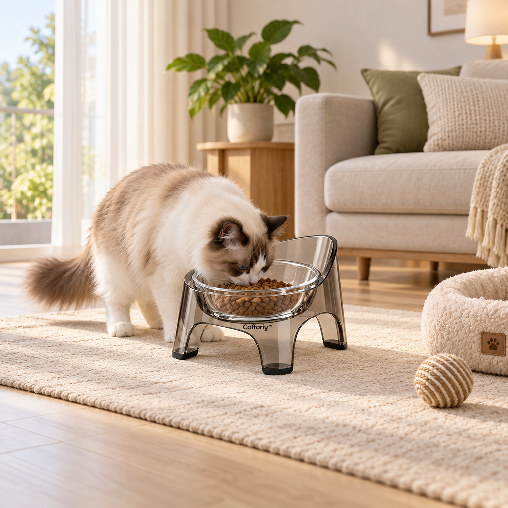 Cafforiy™ Smoky Clear Glass Elevated Pet Bowl — Home feeding scene
