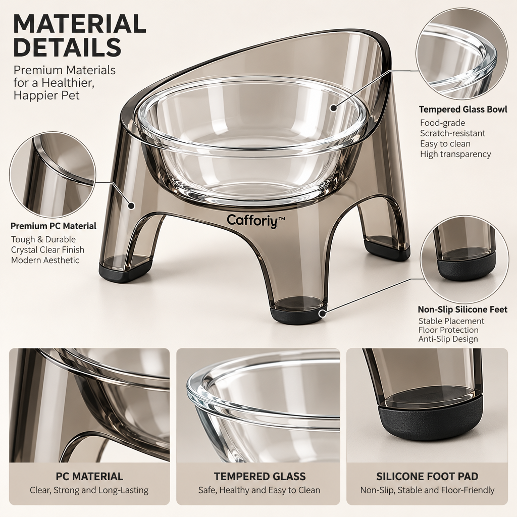 Cafforiy™ Smoky Clear Glass Elevated Pet Bowl — Design details