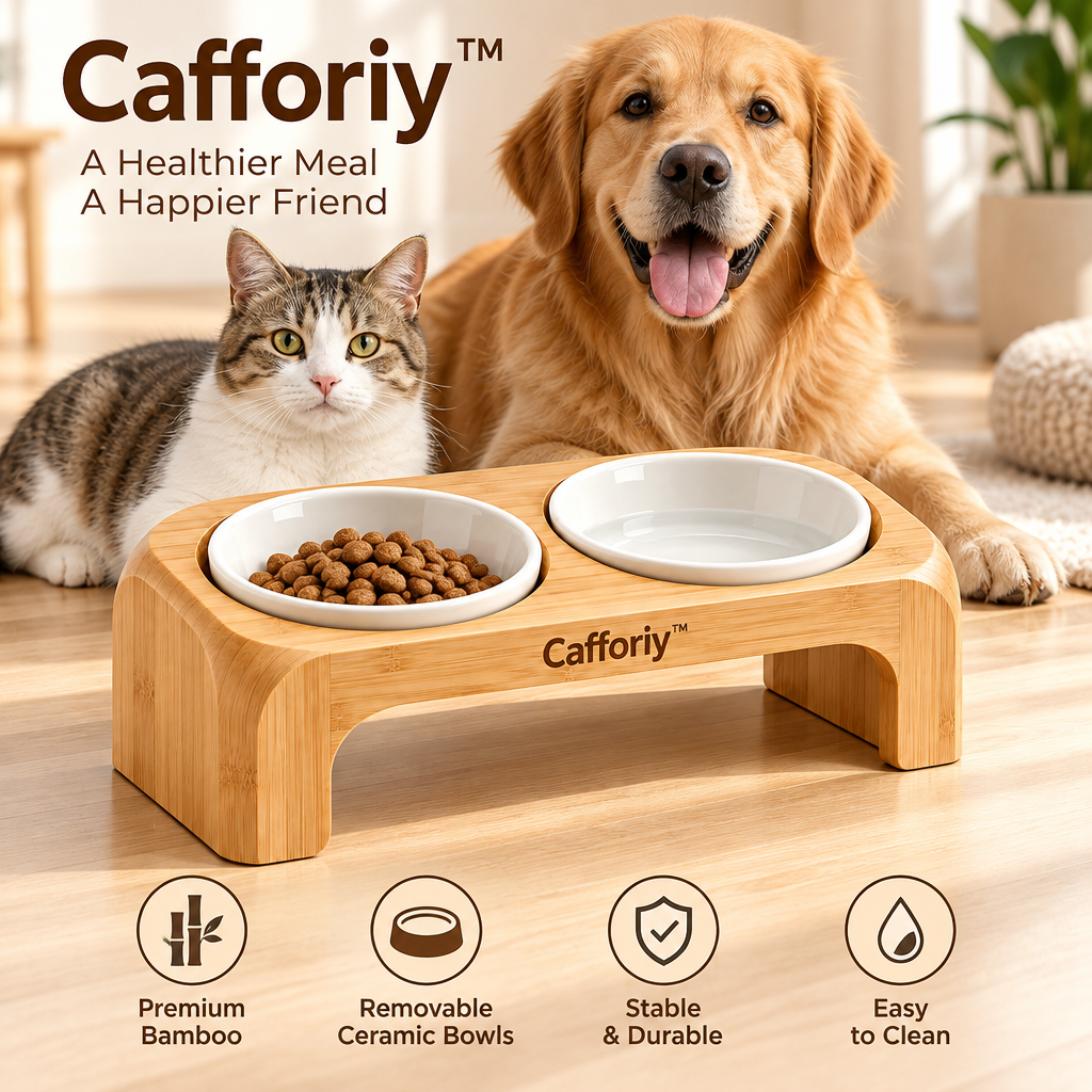 Cafforiy™ Bamboo Double Ceramic Feeding Station — Product view