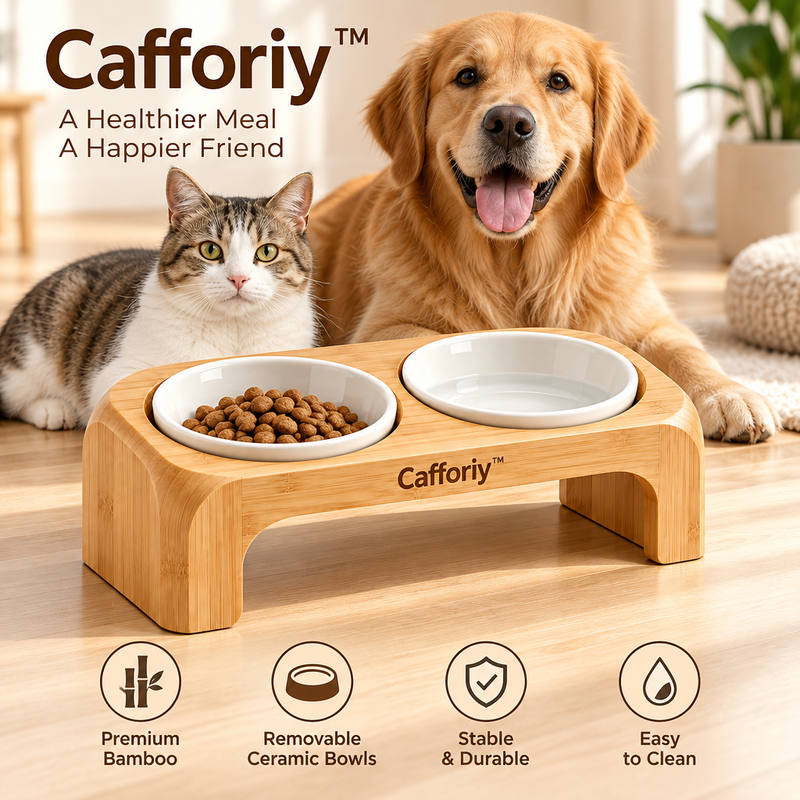 Cafforiy™ Bamboo Double Ceramic Feeding Station