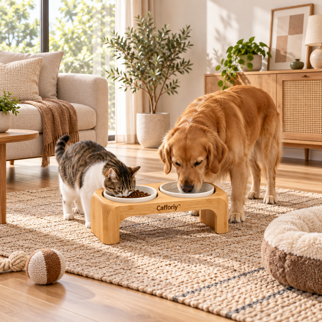 Cafforiy™ Bamboo Double Ceramic Feeding Station — Home feeding scene