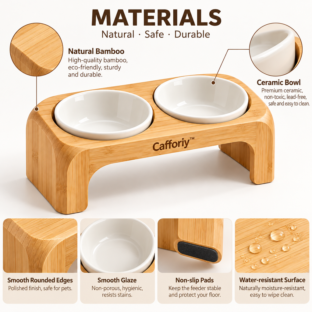Cafforiy™ Bamboo Double Ceramic Feeding Station — Design details