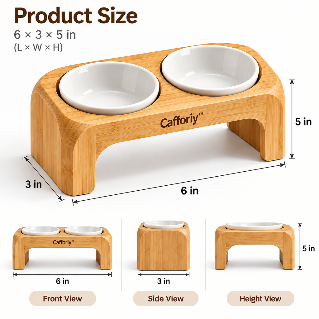Cafforiy™ Bamboo Double Ceramic Feeding Station — Product dimensions