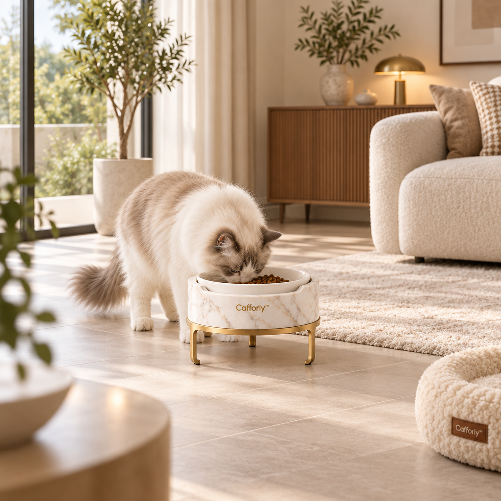 Cafforiy™ Marble Look Pet Bowl with Gold Tone Stand — Home feeding scene