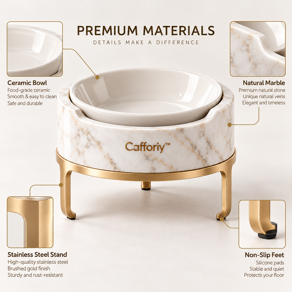 Cafforiy™ Marble Look Pet Bowl with Gold Tone Stand — Design details