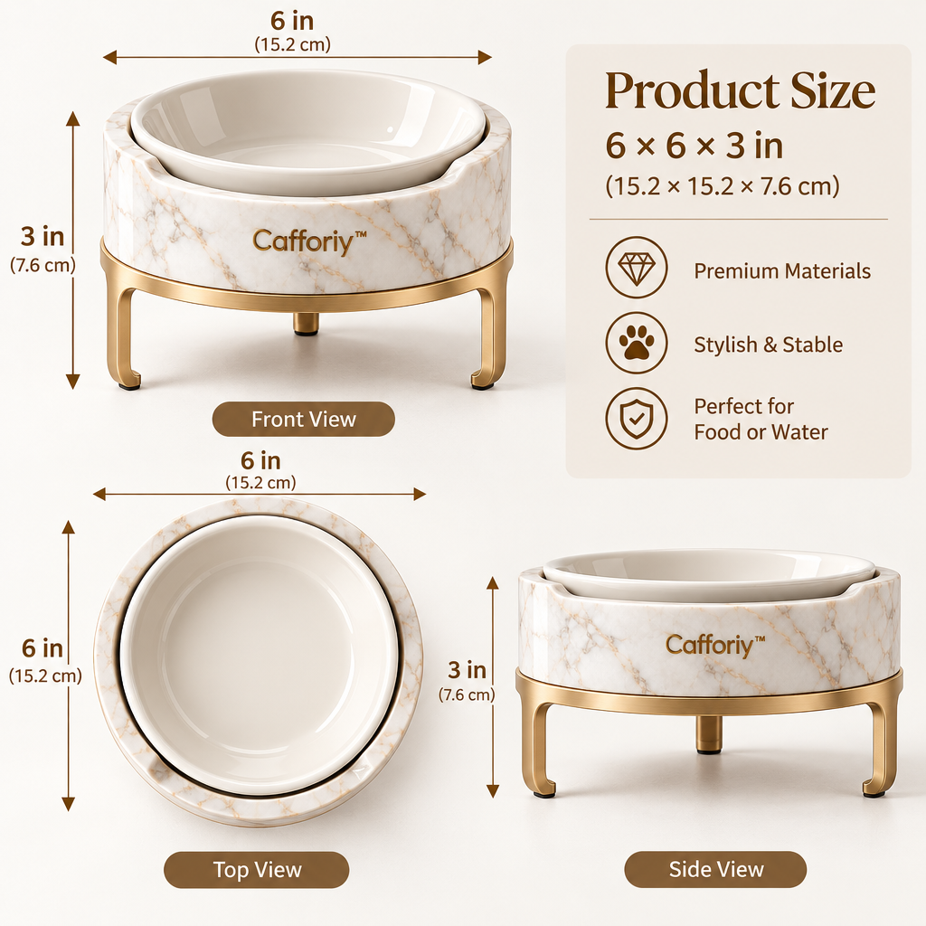 Cafforiy™ Marble Look Pet Bowl with Gold Tone Stand — Product dimensions