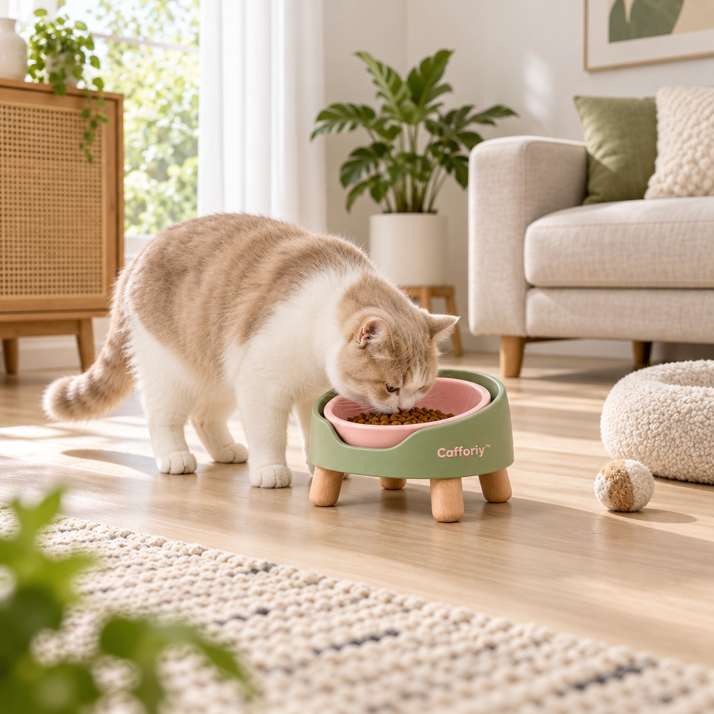 Cafforiy™ Sage and Rose Raised Ceramic Pet Bowl — Home feeding scene