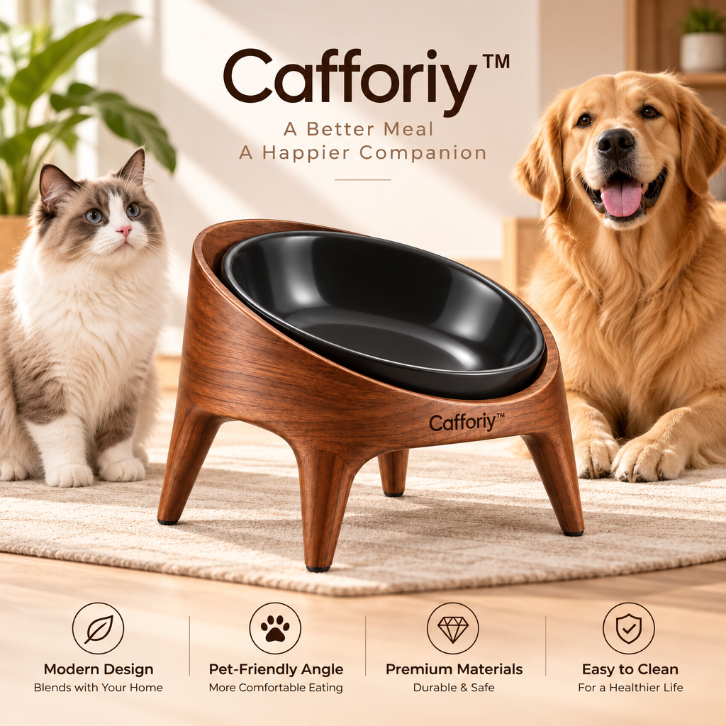 Cafforiy™ Walnut Look Tilted Black Ceramic Pet Bowl — Product view