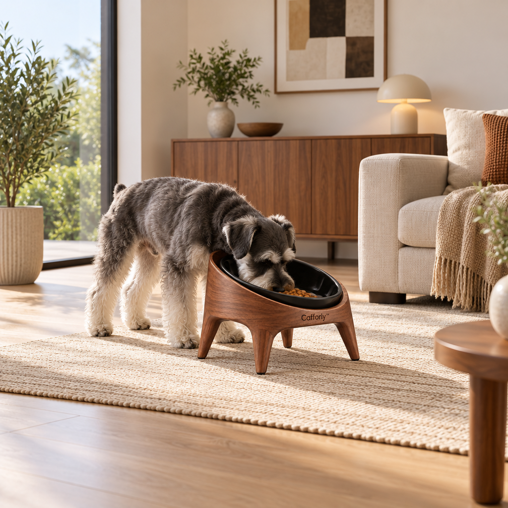 Cafforiy™ Walnut Look Tilted Black Ceramic Pet Bowl — Home feeding scene