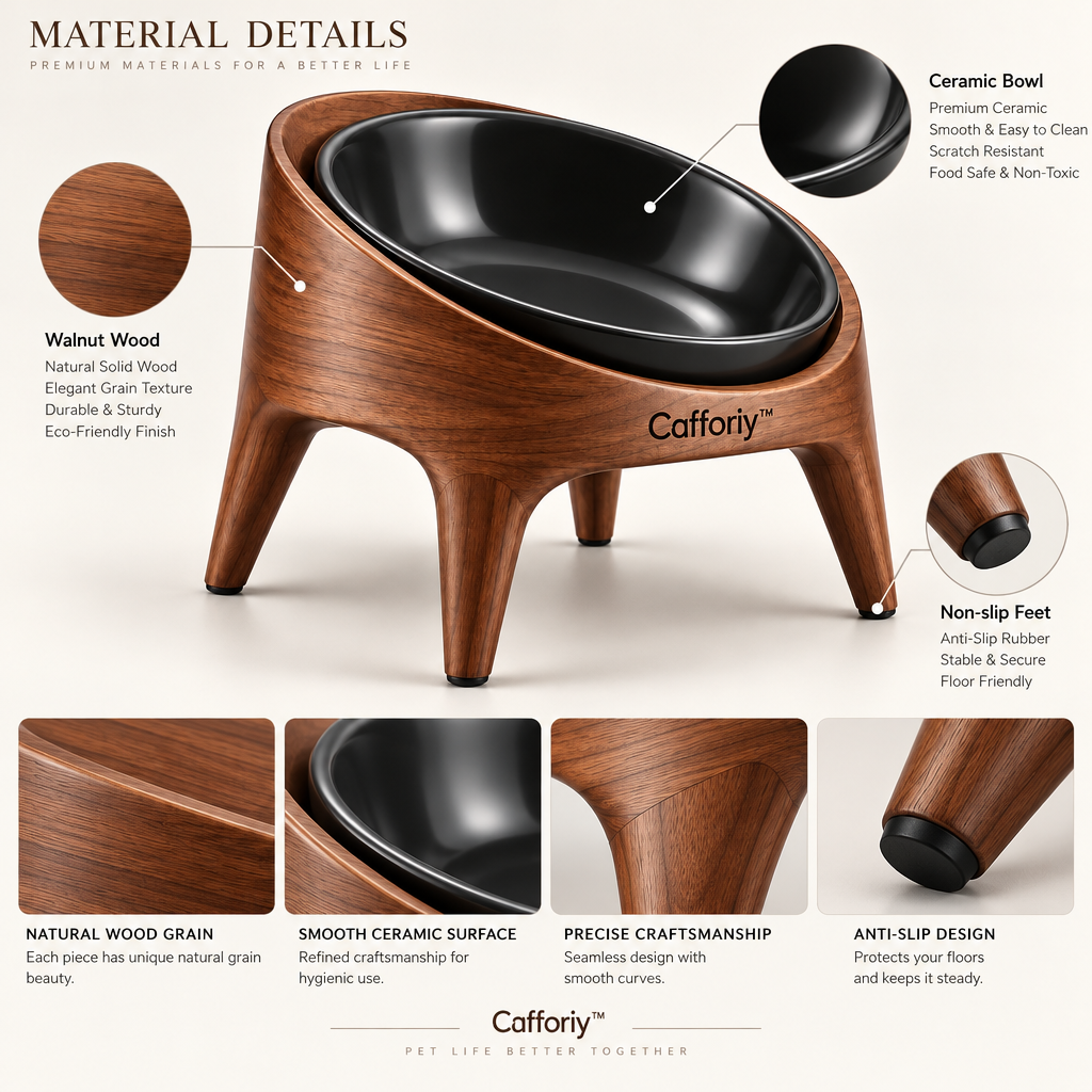 Cafforiy™ Walnut Look Tilted Black Ceramic Pet Bowl — Design details