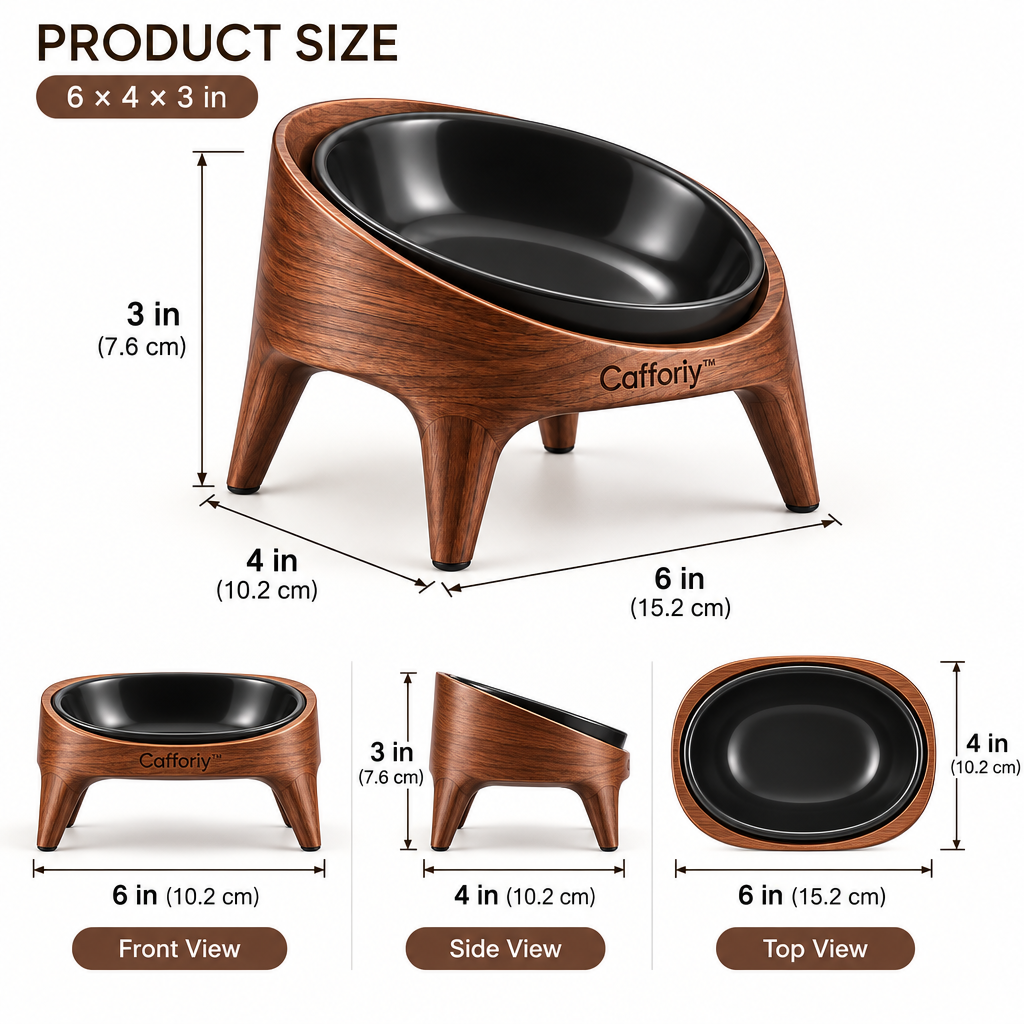 Cafforiy™ Walnut Look Tilted Black Ceramic Pet Bowl — Product dimensions