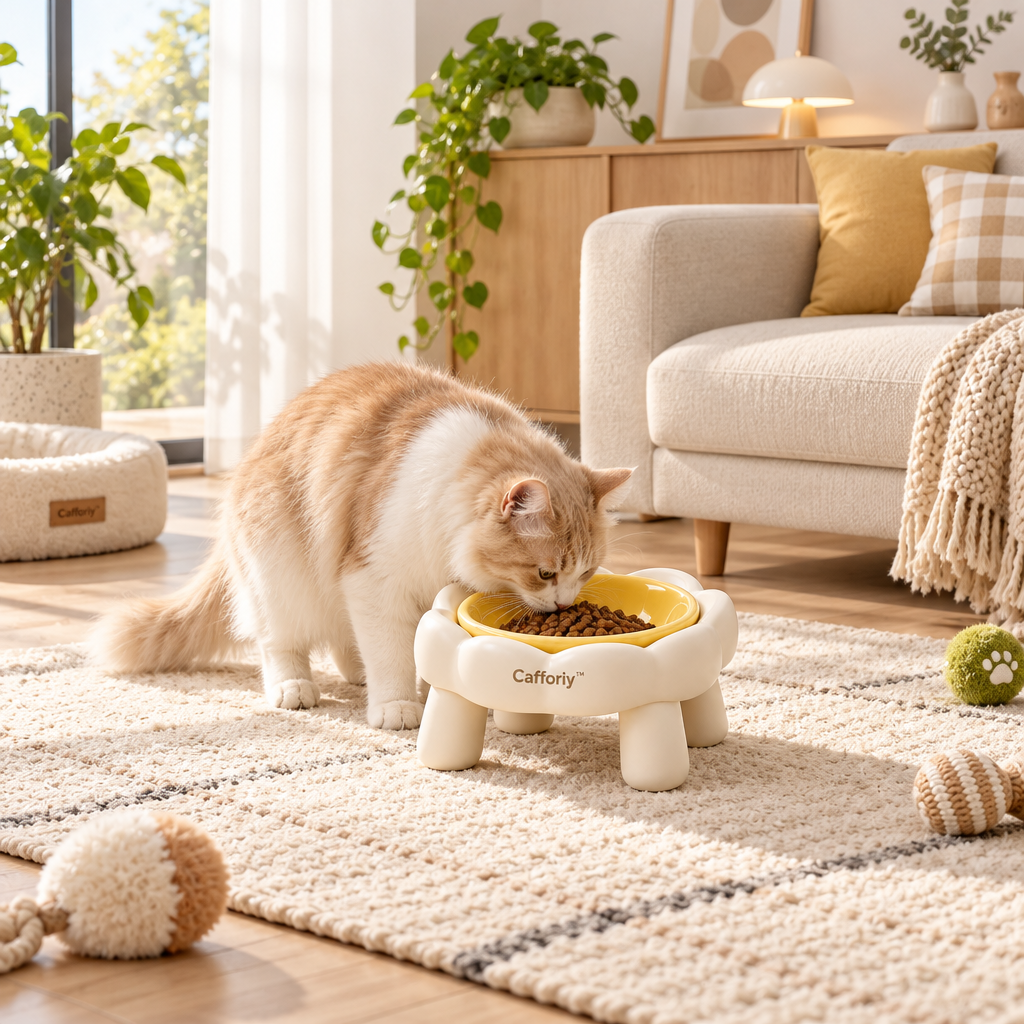 Cafforiy™ Buttercup Flower Raised Ceramic Pet Bowl — Home feeding scene