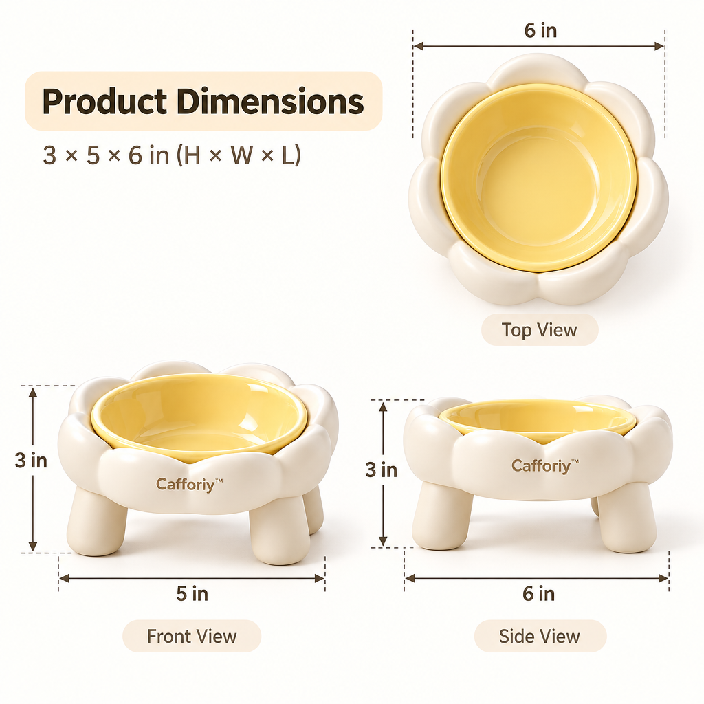 Cafforiy™ Buttercup Flower Raised Ceramic Pet Bowl — Product dimensions