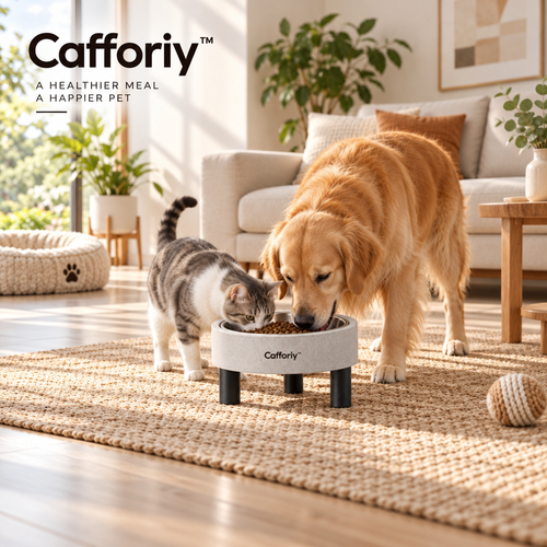 Cafforiy™ Concrete Look Elevated Stainless Steel Pet Bowl — Home feeding scene