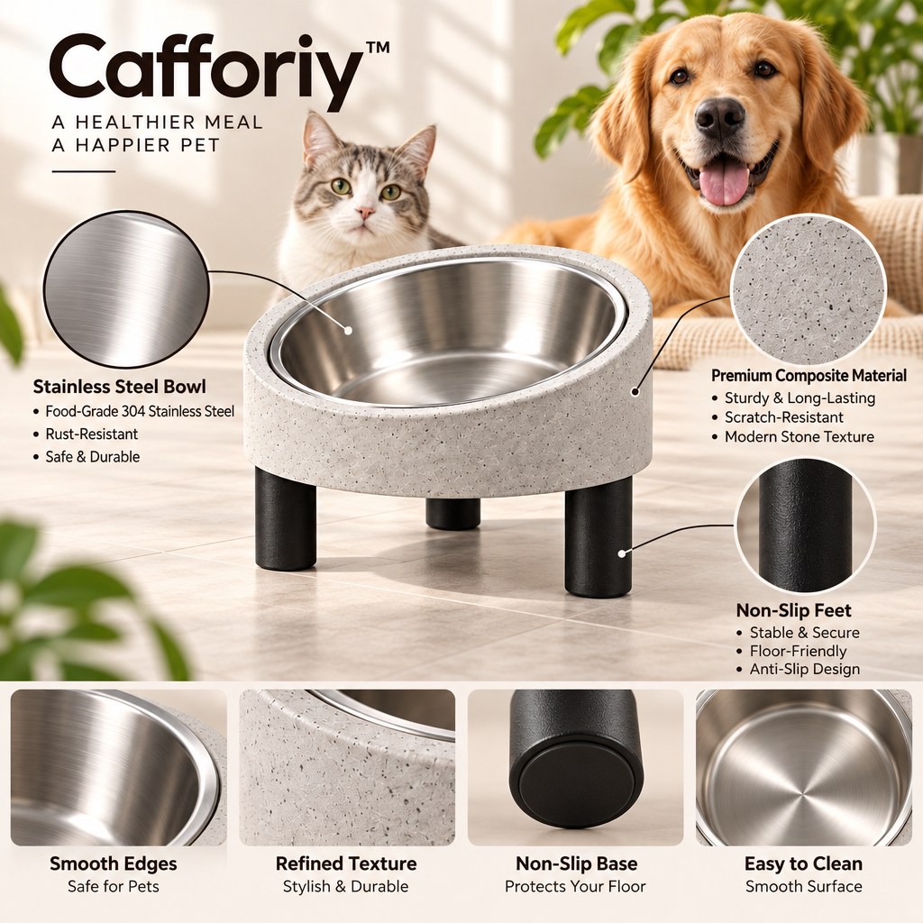 Cafforiy™ Concrete Look Elevated Stainless Steel Pet Bowl — Design details