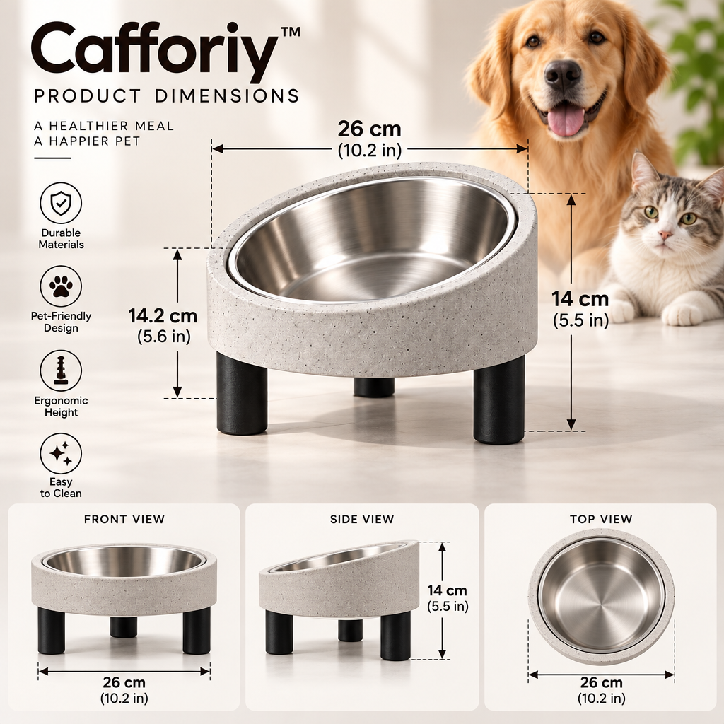 Cafforiy™ Concrete Look Elevated Stainless Steel Pet Bowl — Product dimensions