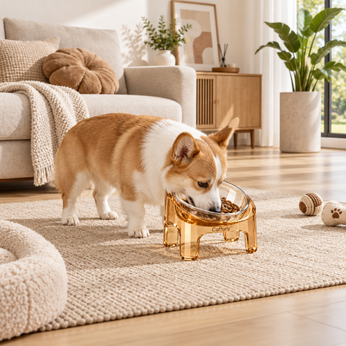 Cafforiy™ Amber Clear Raised Glass Pet Bowl — Home feeding scene