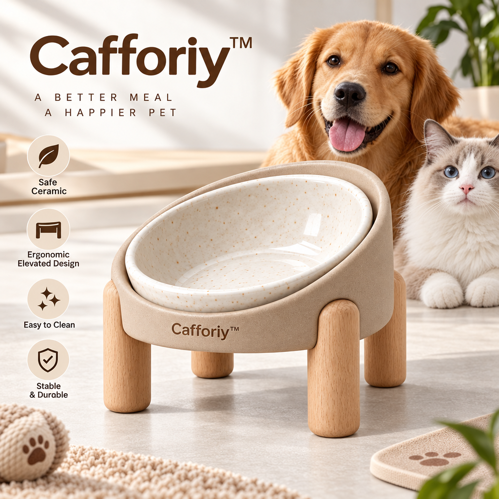 Cafforiy™ Oatmeal Speckled Ceramic Pet Bowl with Wood Stand — Product view