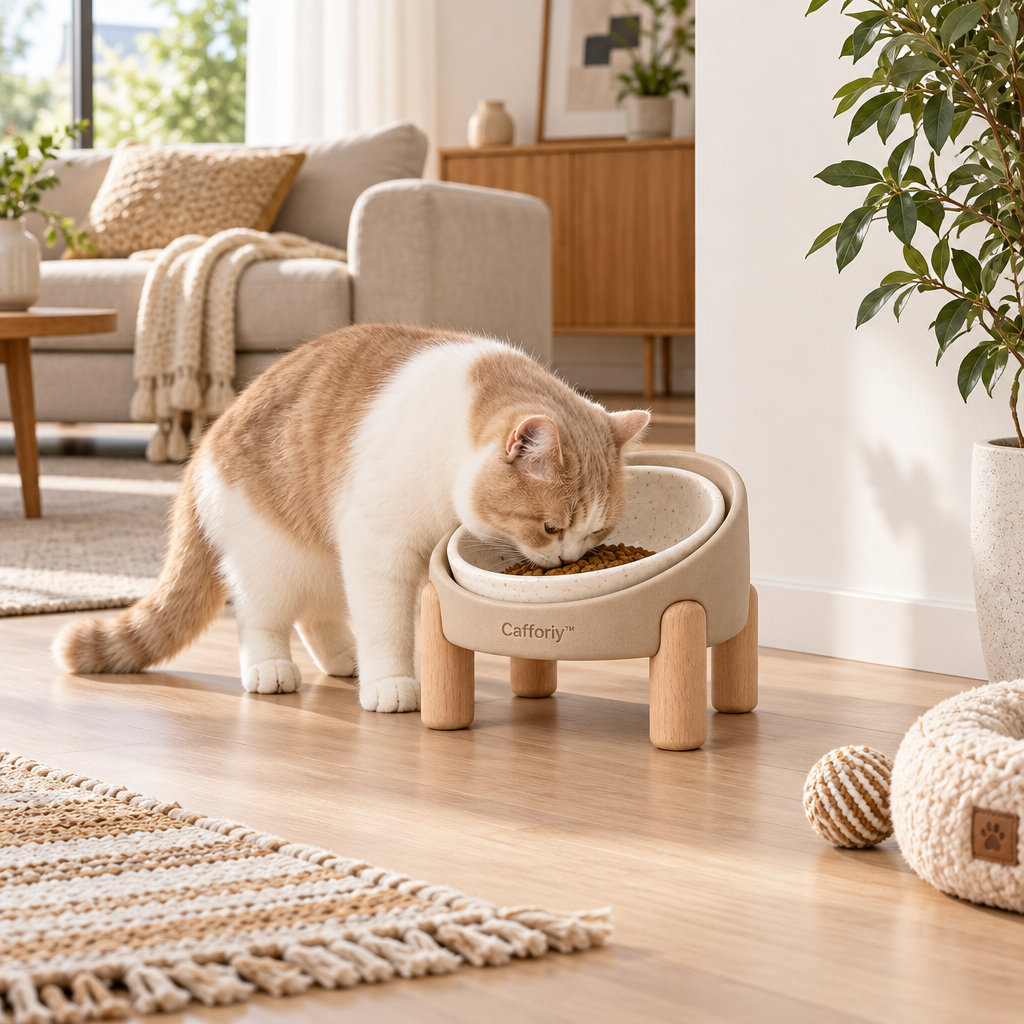 Cafforiy™ Oatmeal Speckled Ceramic Pet Bowl with Wood Stand — Home feeding scene