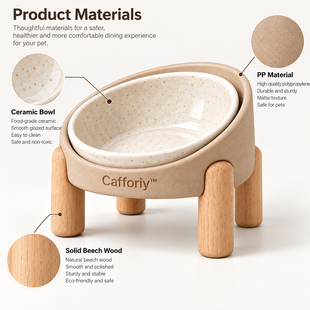 Cafforiy™ Oatmeal Speckled Ceramic Pet Bowl with Wood Stand — Design details
