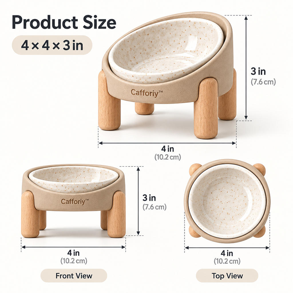 Cafforiy™ Oatmeal Speckled Ceramic Pet Bowl with Wood Stand — Product dimensions